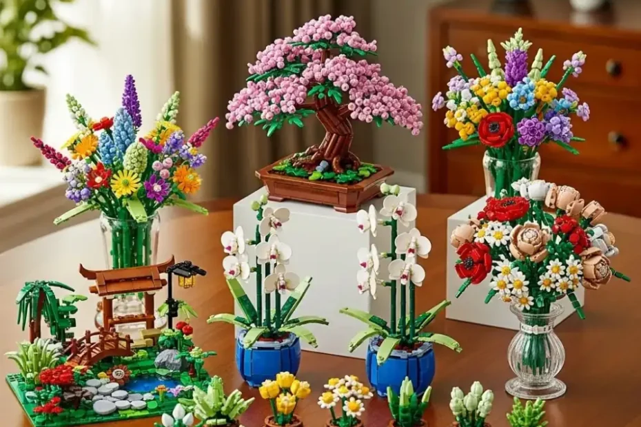 Coleção completa LEGO Botânica com Bonsai, Orquídea, Suculentas e Buquês de Flores. Guia de engenharia e design para decoração.