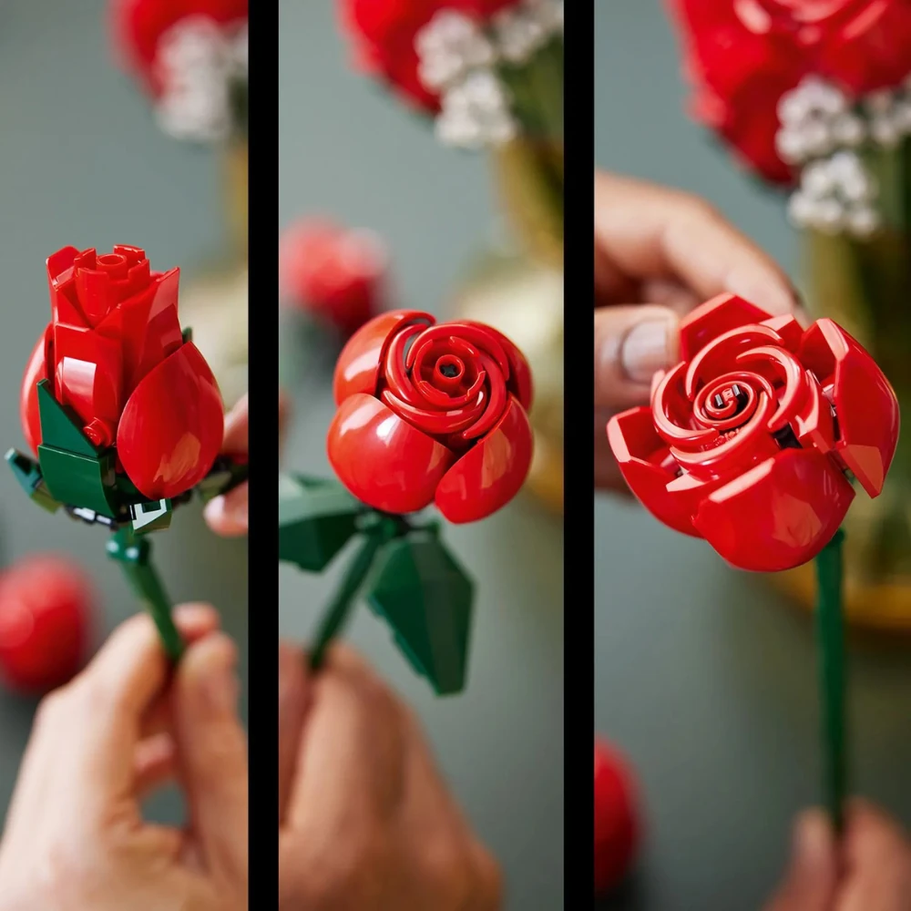 Três estágios da rosa LEGO: botão fechado, meio aberto e flor totalmente desabrochada