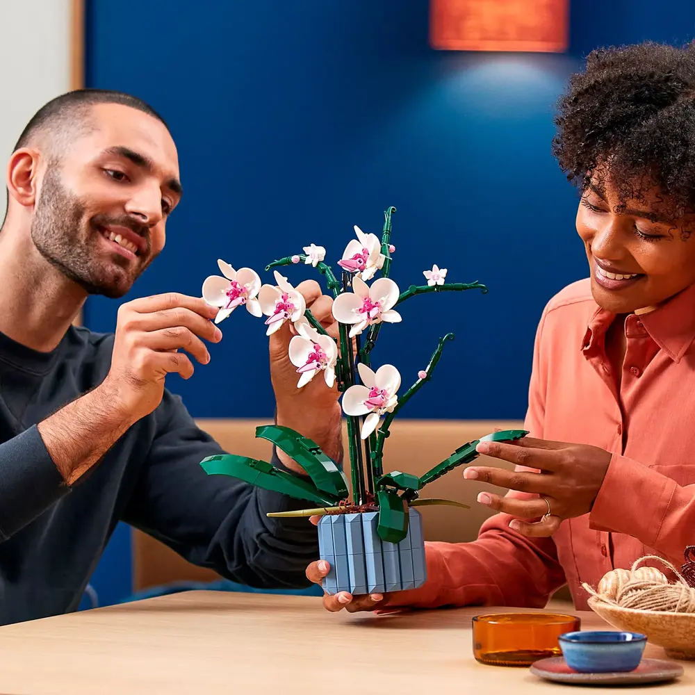 Casal sorridente exibindo o set LEGO Orquídea 10311 finalizado, destacando o apelo do hobby adulto e presente.