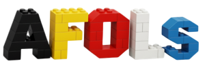 Logo tridimensional “AFOLS” feito com peças LEGO nas cores preta, amarela, vermelha, branca e azul