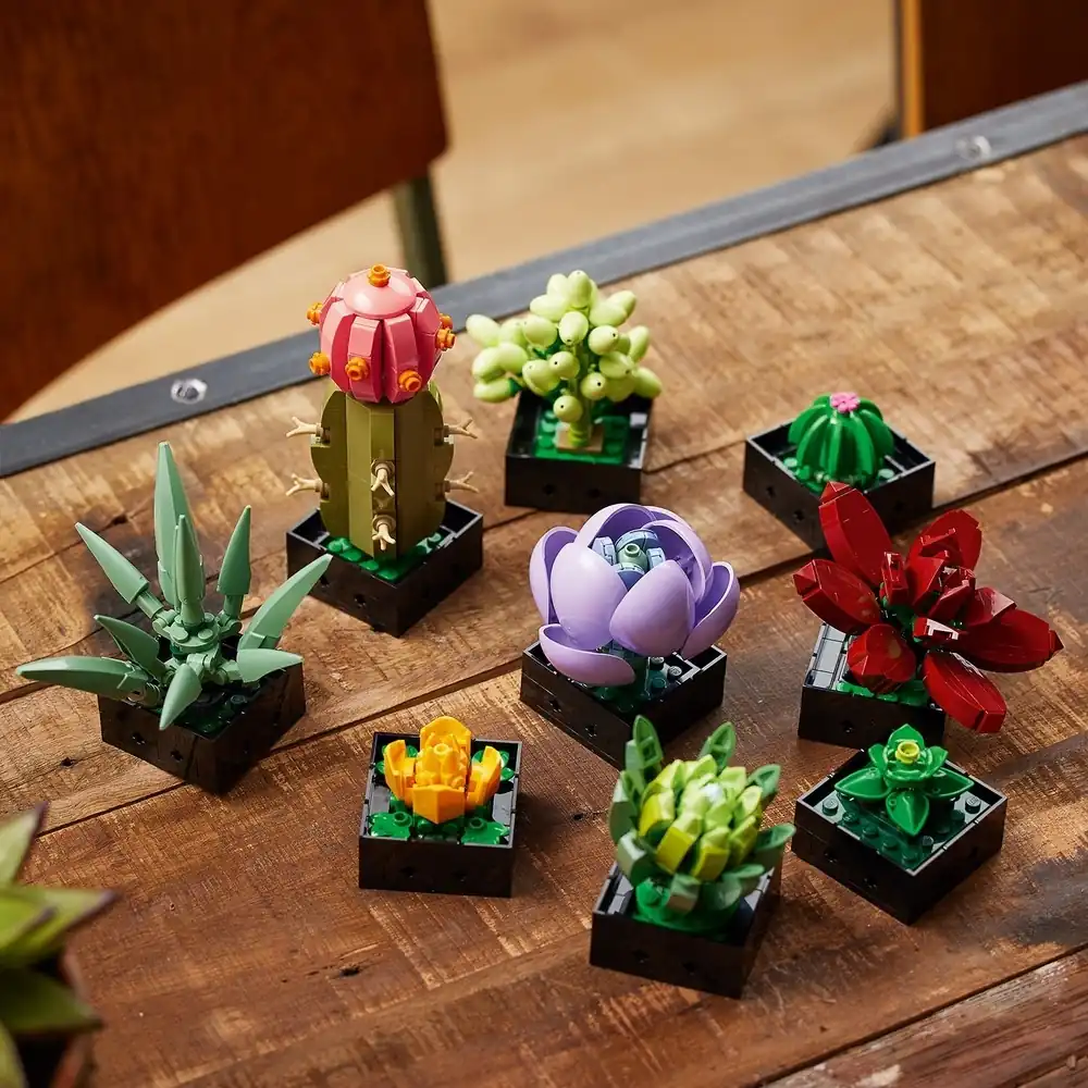 Arranjo das nove suculentas modulares do set LEGO 10309 em vasos pretos individuais, ideal para rearranjos.